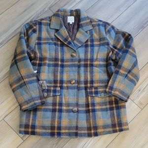 Cleo & Wolf Blue and Brown Plaid Pea Coat